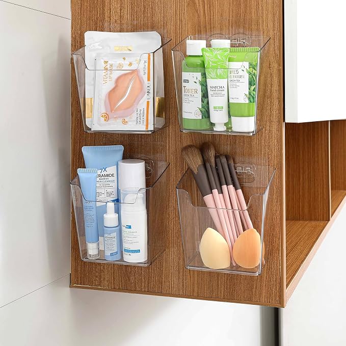 Clear Cabinet Door Organizer Bathroom, 4 Pack Hanging Makeup Storage Brush Holder, Adhesive Storage Bin Versatile Vertical Wall Mount Caddy for Pantry Office Kids' Room Small Items Organization