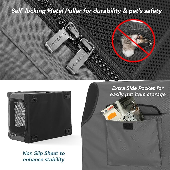 PETSFIT Travel Dog Crate, Soft Dog Crate - 30 Inch Sturdy Adjustable Structure, Easy to Set Up, Perfect for Car, Light Tough with 3 Mesh Doors Grey