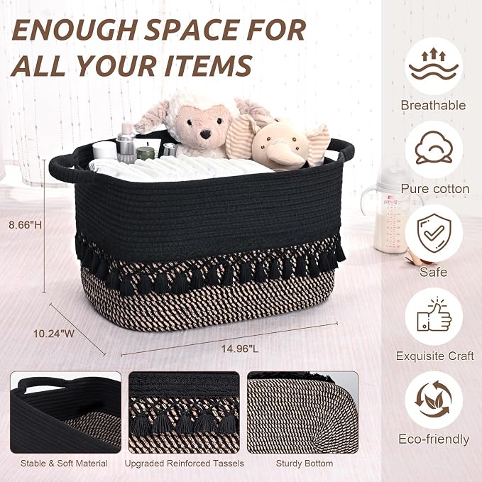 2 Pack Storage Basket for Shelves, Boho Cotton Rope Storage Bins with Heavy Tassel, Shelf Baskets Large Woven Baskets for Organizing, Cube Organizer Bins, Baby Laundry Basket for Clothes, Toys, Pets