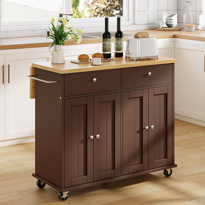 JY QAQA 39" Kitchen Island on Wheels with Storage Cabinet Kitchen Cart Cabinet with Shelves, Cart Handle for Towel Rack or Free Mobility, Portable Islands for Kitchen, Brown