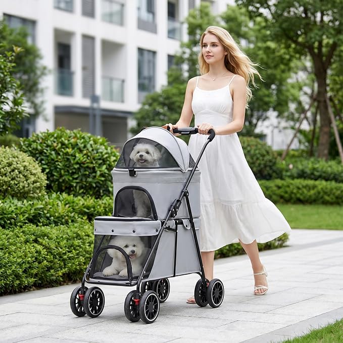 YYW Double Pet Stroller Foldable 2 Carriages Lockable Wheels Gray | Travel Strolling Cart, Top Detachable Carrier, Ideal for Multi-Pet Families, Small Dogs & Cats, Outdoor Walks & Vet Visit