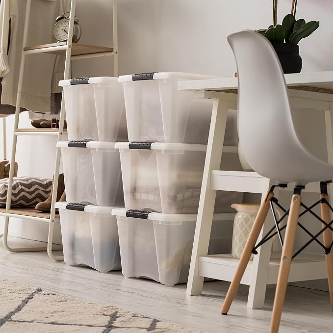 IRIS USA 6-Pack 32 Quart Storage Bins with Lids, Pearl | Conceals contents for a neat look, Ideal for linens, décor, closet essentials, and household supplies