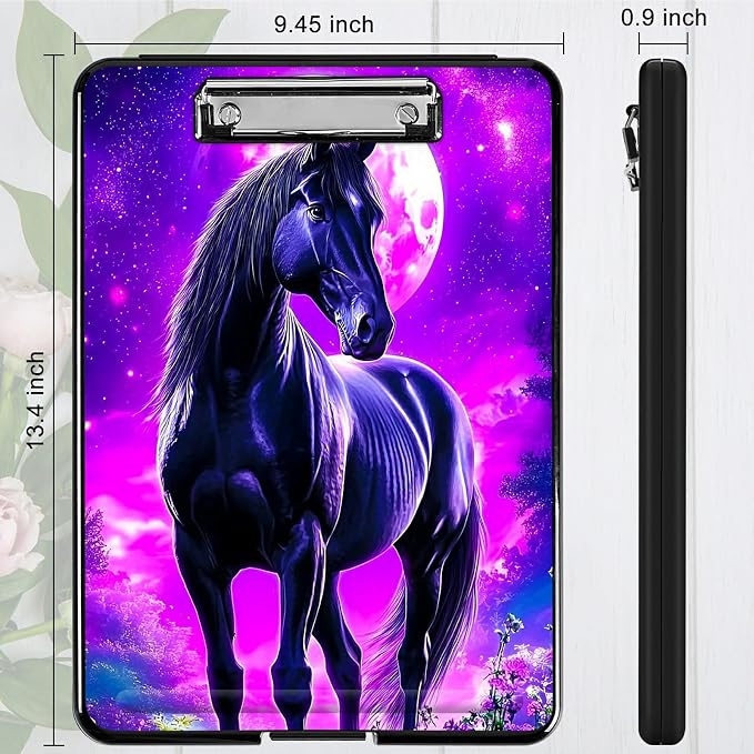 Heavy Duty Storage Clipboard, Slim Nursing Clipboard with Internal Pen Case, Portable File Organizer Case for A4 Letter Size Paper Office Medical Professionals, Purple Black Horse