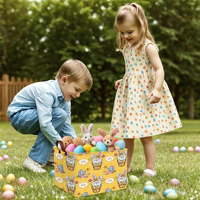 Large Cute Easter Basket for Kid Empty Gift Baby Rectangle Storage Bin Bunny Eggs Boy＆Girl Room Décor (Tulip Rabbit Yellow)