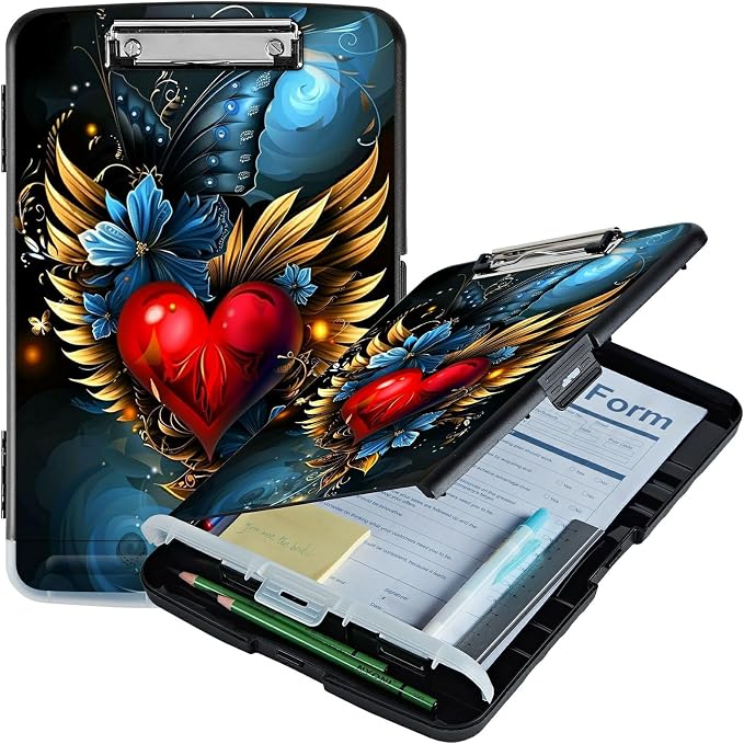 Winged Heart A4 Clipboard with Storage Pen Holder, Clipboards Organizer Nursing Clipboard Foldable File Folder Plastic Clipboard Folio Clip Board for Office Students Classroom Doctor