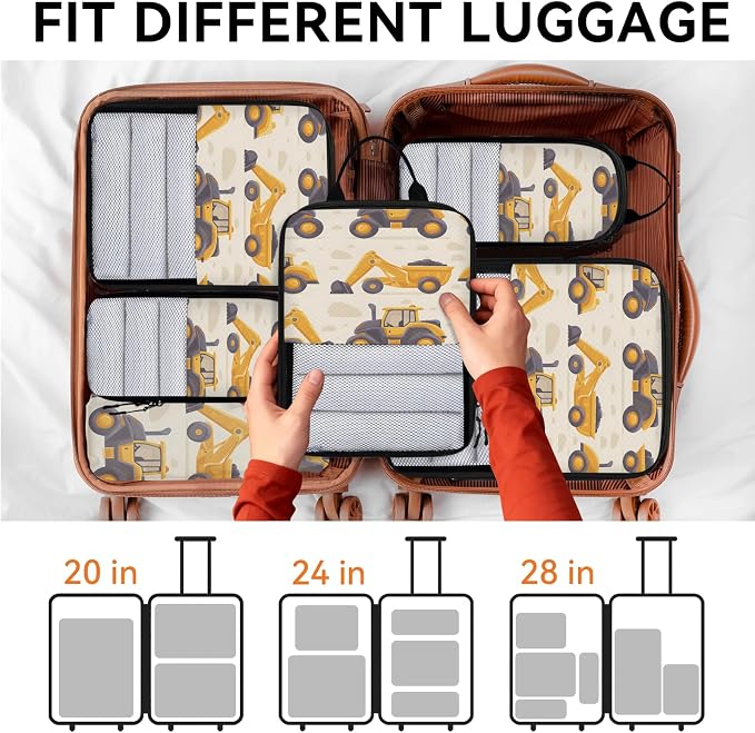 Construction Trucks Compression Packing Cubes Yellow 6 Set Travel Packing Cubes for Suitcases Lightweight Expandable Organizers