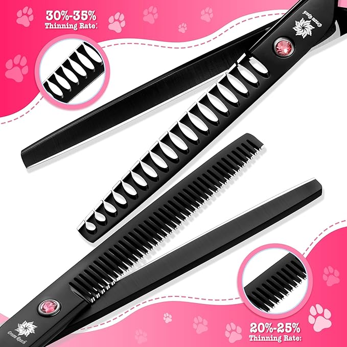 Dream Reach Dog Grooming Scissors - 7" Professional 6 in 1 Sharp Dog Shears Set Thinning, Chunker, Straight, Curved Shears and Comb for Dog Cat Pet, Pink