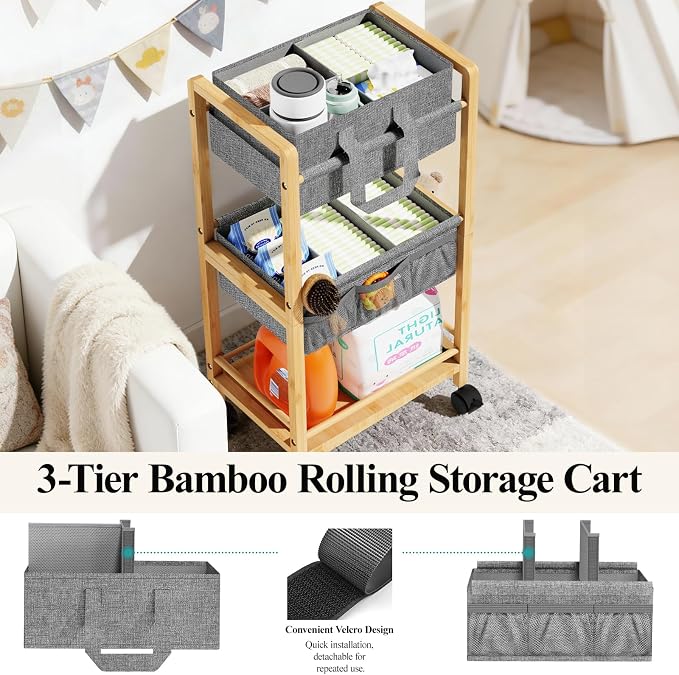 Bamboo Diaper Caddy Cart with Wheels - 3-Tier Rolling Storage，Grey | Removable bins, side pockets, sturdy handle, smooth wheels. For nursery, living room, laundry, pet. Natural bamboo, versatile