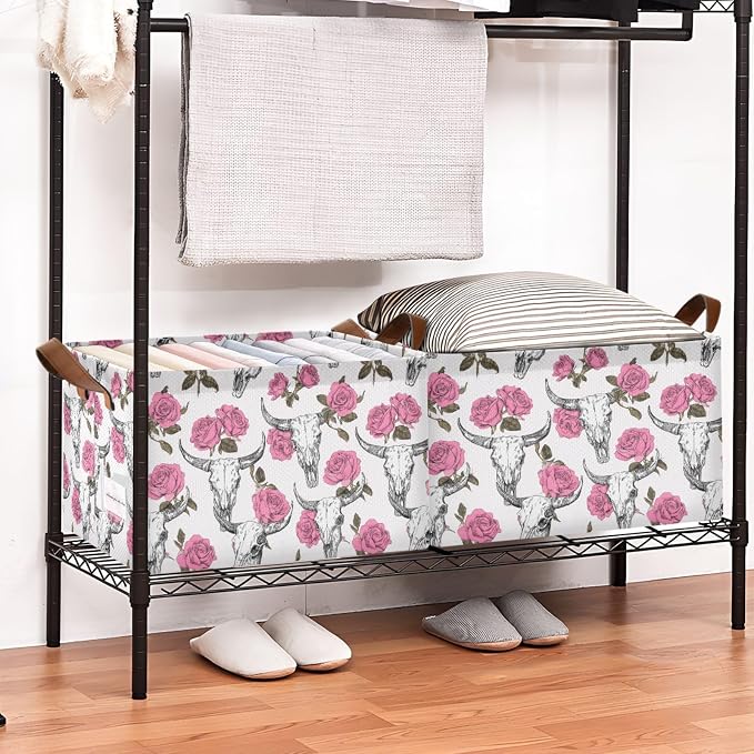 Cow Skulls and Pink Rose Flower Storage Basket Foldable Cube Storage Bins with Handles&Label Waterproof Collapsible Organizer Box Bin Large Rectangle Decorative Baskets for Shelves Home Room Laundry