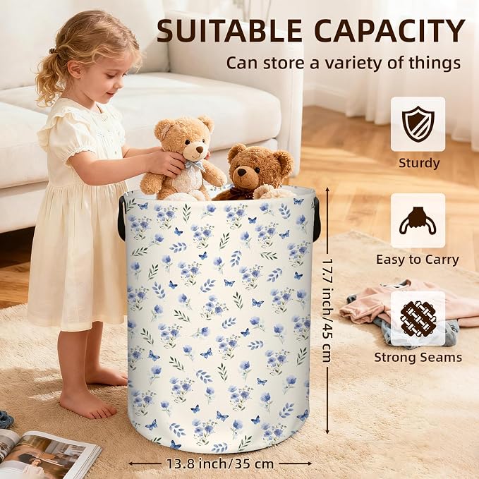 Flower Laundry Hamper, Waterproof Collapsible Laundry Basket for Bedroom, 43L Round Nursery Hamper Storage Bin with Handles for Toys, Storage Basket for Women Girls, Room Decor, 13.8x17.7 in