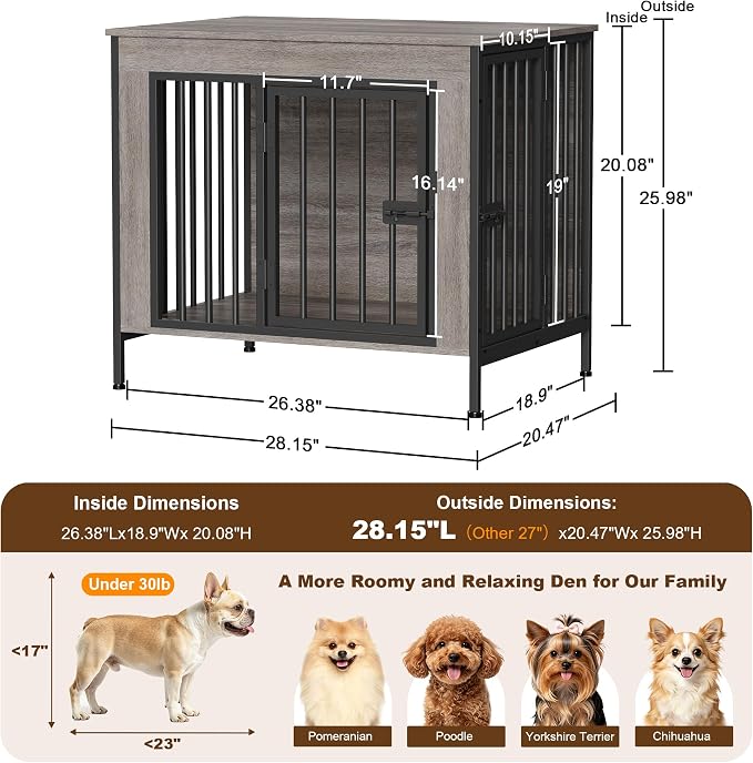 EasyCom 28.15" Dog Crate Furniture for 1 or 2 Dogs, Oak Grey | Fits Dogs 0–20 lbs, Heavy Duty Indoor Kennel, Multiuse TV Stand for Small Dog