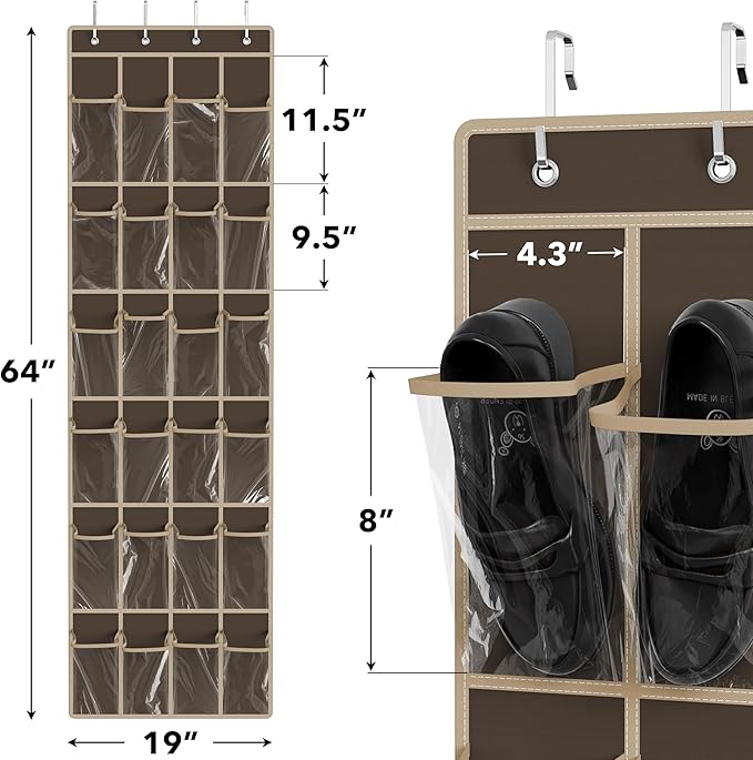 Simple Houseware 24 Pockets Clear Over the Door Shoe Organizer, Brown | 64" x 19", 4 Durable Metal Hooks, 4.3" x 9.5" Pocket Size, Multipurpose