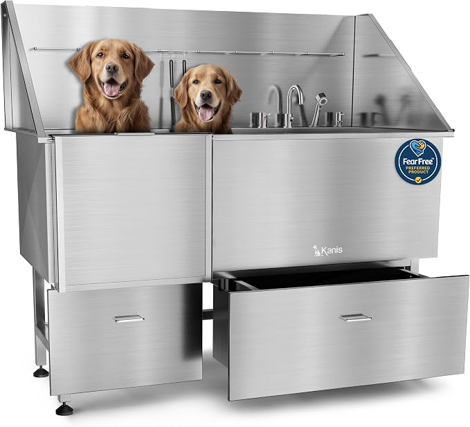 Professional Dog Washing Station 304 Stainless Steel Pet Wash Sink | Grooming Bathtub w/Shower, Floor Grates and Storage for Large, Medium & Small Pets