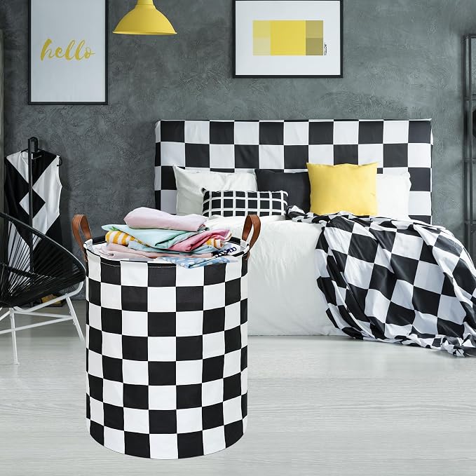 MAIZMZ Checkered Flag Canvas Storage Basket 63L Waterproof Laundry Hamper with Handles, Collapsible Racing Themed Organizer Bin for Boys Bedroom, Toys, Clothes, Gift Giving