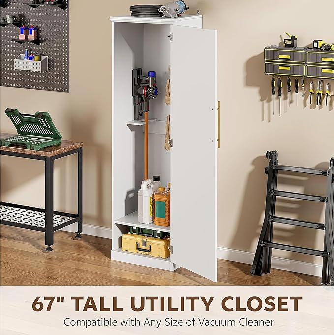Broom Closet Storage Cabinet, 65" H Slim Utility Closet White | with Door and Shelf, Tall Vacuum Storage Cabinet with Hooks for Cleaning Tool, Broom Closet Organizer for Bathroom, Garage