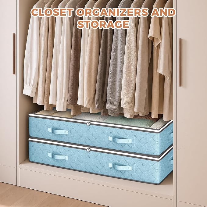4 Pack Under bed Storage, Storage Bins with Clear Lids | Underbed Storage Bags for Blankets, Towels, Comforter, Sweaters, Linen Sheets, Wrapping Paper