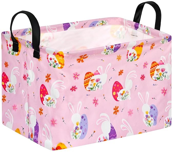 Rectangular Easter Basket Storage Bin for Shelves Cute Gifts Baskets Foldable Box with Handles for Boy and Girl Home Office Car Dormroom Easter Party Supplies