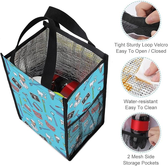 Portable Thermal Lunch Bag Insulated Lunchbox Travel Lunch Totes Compatible with Teeth Dental Blue Cooler Bags Food Container for Picnic Office