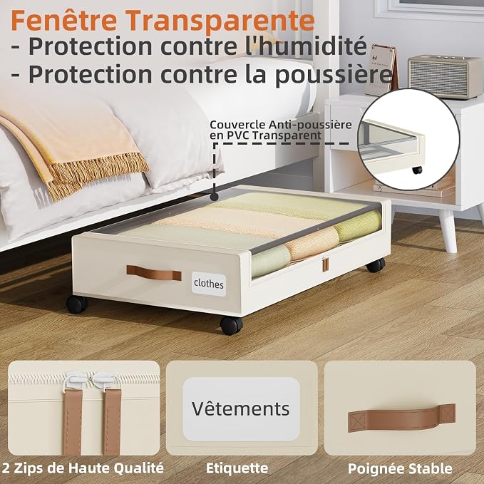 Somdot Under Bed Storage with Wheels, 2 Pack Under Bed Storage Containers | Underbed Shoe Storage Organizer with Clear Lids, Rolling Under The Bed Storage for Clothes, Blankets, Toys, Beige