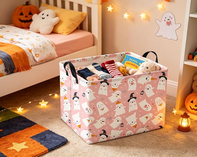 Rectangular Halloween Basket for Boys and Girls Kids Trick or Treat Pumpkin Basket for Halloween Parties Cute Storage Bin Organizer Box Room Decor(Pink Ghost)