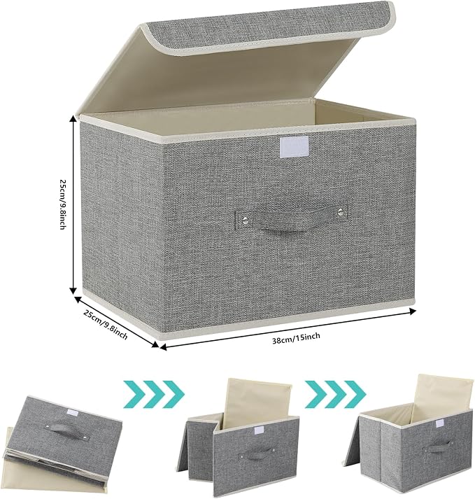 Foldable Fabric Storage Cubes with Lids,Grey 15x9.8x9.8in,3 Pack | Storage Bins with Handles,PP Panel Closet Organizers,Washable Boxes,Collapsible Fabric Container for Underwear and Socks