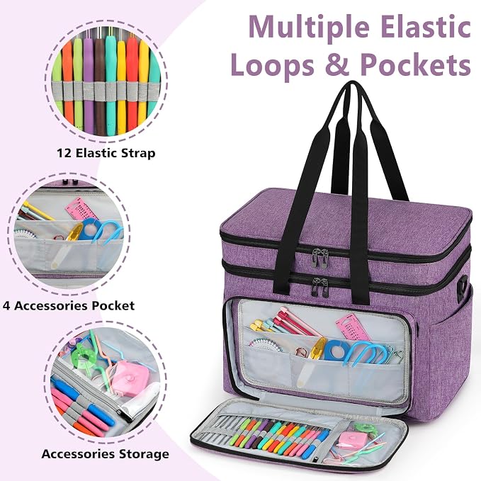 Crochet Organizer Bag with Yarn Holder, Large Yarn Storage for Accessories | 3PCS Crochet Knitting Bag with Accessory Pouch for Hooks, Needles, Travel Tote, Crochet Lovers, Gift for Crafters, No-Tangle