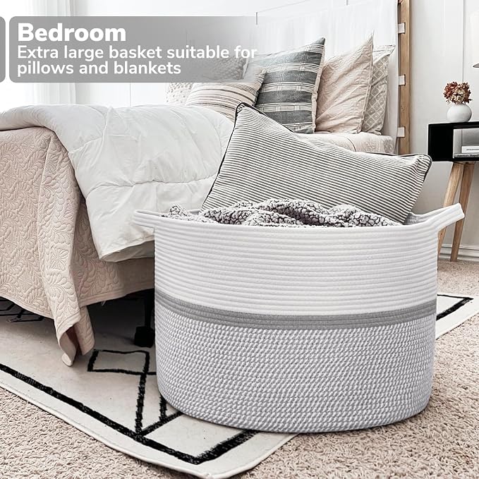 CHICVITA 85L Large Cotton Rope Blanket Basket with Handles, Grey | Woven storage basket for laundry, pillows, toys. Decorative for living room, bedroom, nursery, 22x22x14in