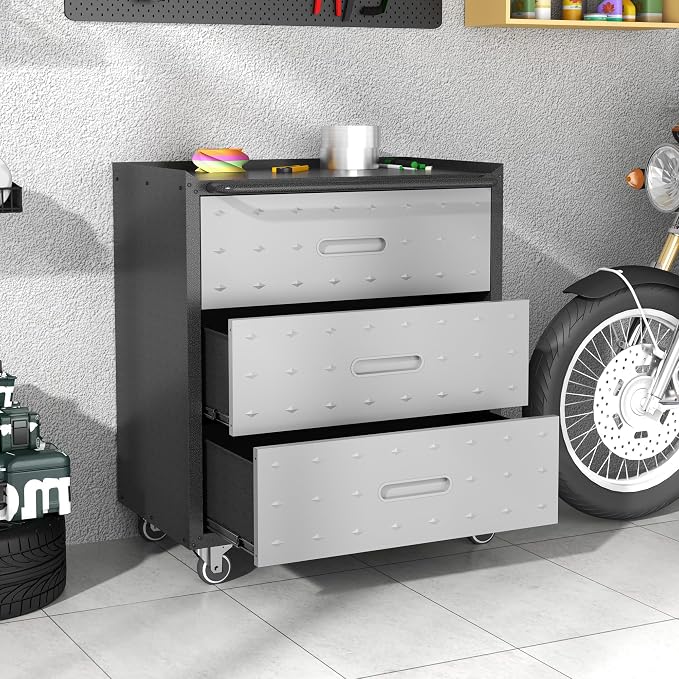 Metal Storage Cabinet for Garage, Tool Cabinet, Utility Cabinet | Wheeled, Rolling Tool Cabinet, 3 Drawer, Top Countertop, Assembly Required, Black & Grey