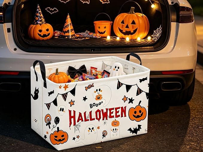 Sanjiaofeng Rectangular Halloween Ghost Storage Basket,Halloween Basket.Cute Baskets for Room Decor, Pumpkin Baskets with Handles.Books Bins,Gifts Box(White Ghost)