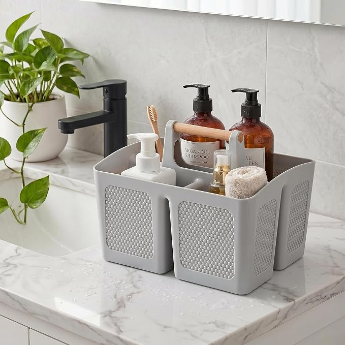 Haundry Plastic Light Gray Shower Caddy Basket with 3 Compartments, Portable Divided Bathroom Cleaning Caddy Organizer Storage Tote with Handle for Dorm, College, Room Essentials