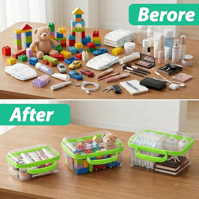 3 Pack Deep Clear Hard Shell Zipper Cases with Handle (Green) | Travel Toiletry Bag, Waterproof 1.2mm PET Hard Plastic Pouches, Organizer Box for Makeup, Toy, Snack, Stationery, Diaper