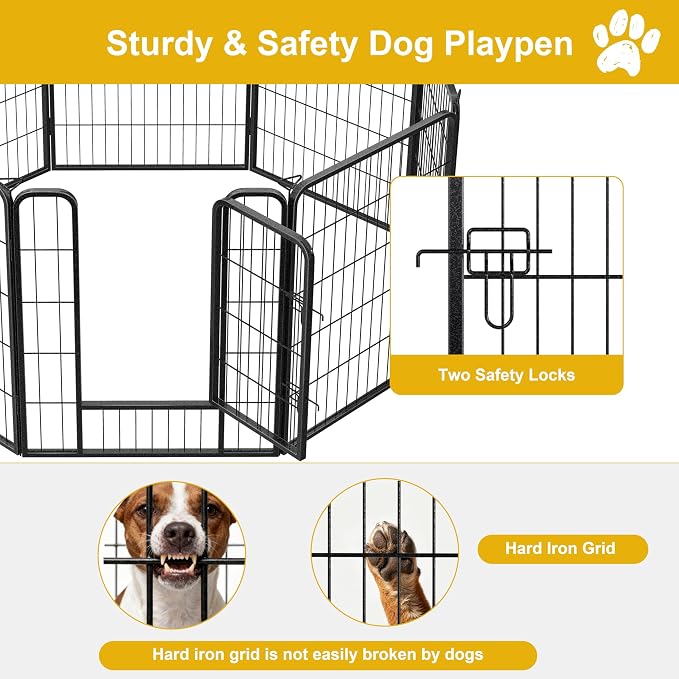 Heavy-Duty Iron Dog Playpen Outdoor Indoor,32 Inch 8 Panels Dog Play Pen | Dog Fences for RV Camping/Yard/Garden,Portable Dog Play Pen for Dogs,Puppies,Small Animals,Black Silver