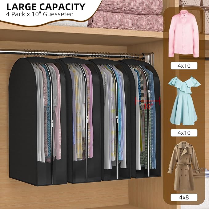Black Garment Bags for Hanging Clothes, 4-Pack, 43" | Upgraded thickened clear garment bags with 10" gusset for closet storage of shirts, coats, dresses