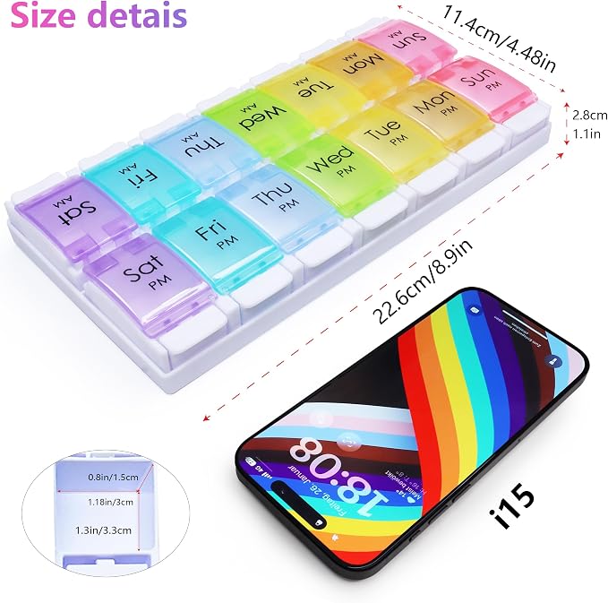 MOLN HYMY Large Pill Organizer 2 Times a Day, AM PM Pill Box 7 Day, 14 Dividers 2 Week Medicine Pill Organizer with Easy Push Button for Medication, Vitamins, Fish Oils, Supplements