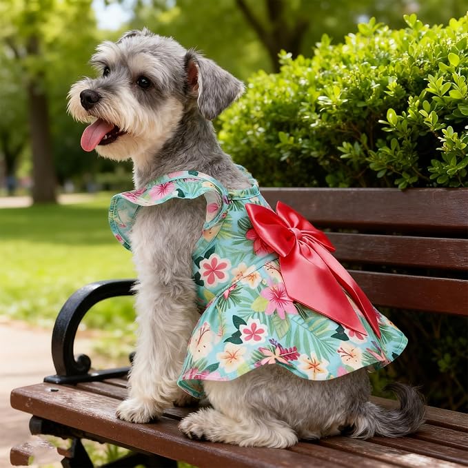 Dog Dress with Sleeve Ruffles, Floral Pet Dresses with Bow Tie for Small Meduim Dogs Puppy Cats Girl, Cute Princess Dog Dresses Skirt Clothes Outfits for Spring Summer, Green S
