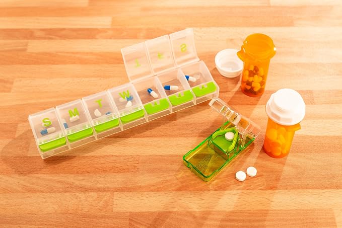 Ezy Dose Weekly (7-Day) Pill Organizer, X-Large Medicine Case, Green/Clear | Daily Vitamin & Supplement Planner, Spacious Push-Button Compartments, Convenient & Easy to Use, Travel-Friendly, BPA-Free