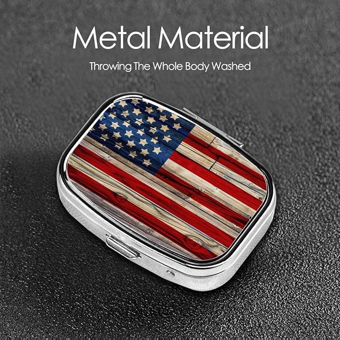 Small Pill case for Pockets & Purses Pill Box Makes 2 Compartment Travel Medicine Organizer (Vintage Wooden American Flag)