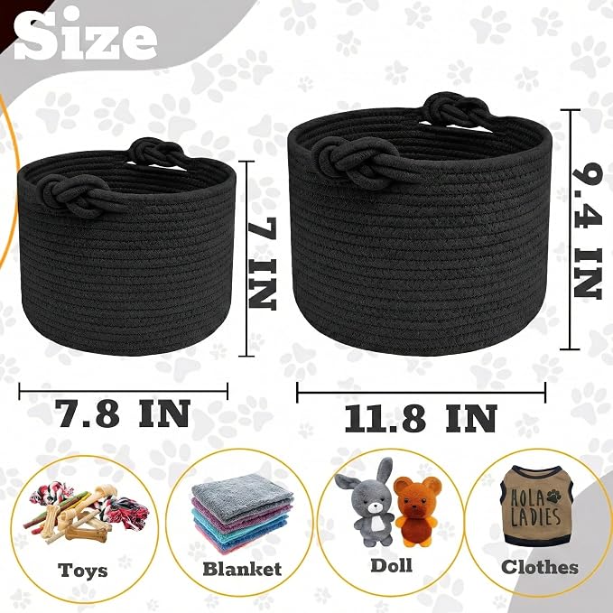 Personalized Dog Toy Storage Basket - Custom Woven Cotton Rope Bin with 3D Cord Name for Puppy Accessories, Treats & Pet Organization Grey M