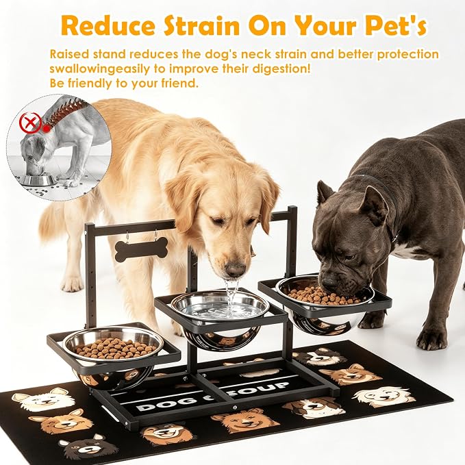 Extra Large Elevated Dog Bowl Stand for Multiple Dogs – 6 Height Adjustable Raised Stand with 3×101oz Stainless Steel Bowls & Non-Slip Mat for XLarge Breeds