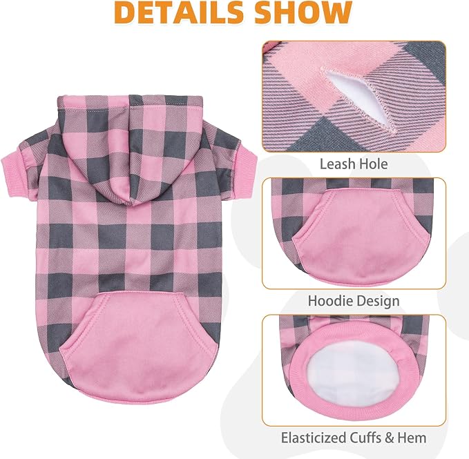 KOOLTAIL Plaid Dog Hoodie Pet Clothes Sweater with Hat and Pocket for Small Medium Large Size Dogs, Soft Winter Warm Dog Cold Weather Coat, Fleece Fall Dog Hooded Sweatshirt for Puppy Cats, Pink L
