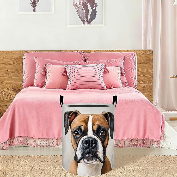 Boxer Dog Laundry Basket Hamper 19.7"x15.8", Organizer Bins Gifts for Kids Boys Girls, Cute Boxer Puppy Foldable Waterproof Oxford Clothes Storage Bucket for Bedroom Bathroom Decor
