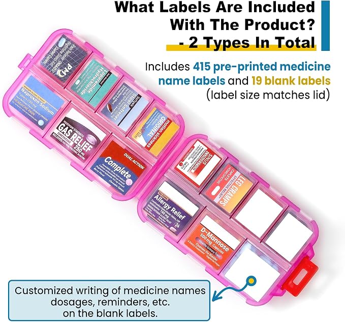 14 Grids Travel Pill Organizer Box with 415-Pcs Medicine Name Labels - Pocket Daily Pharmacy Case Container Kit - Travel Medication Holder Dispenser for Fish Oil Vitamin Supplement Storage -Clear Pink