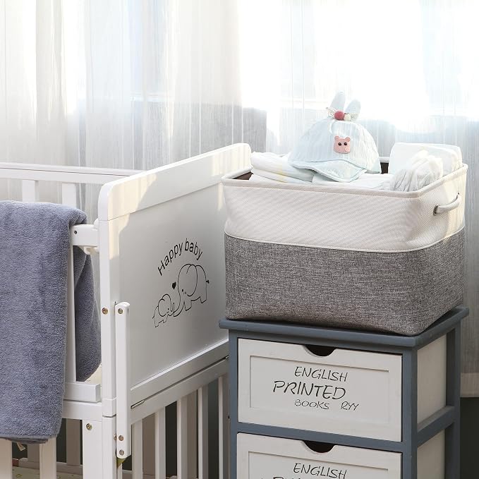 Sea Team Large Rectangle Canvas Open-Top Storage Baskets, 3-Pack | Collapsible Fabric Storage Bins with Handles, Closet Shelf Organizers, 15 x 10 x 10 Inches, Gray & White