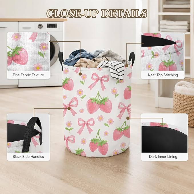 Laundry Hamper, Pink Strawberry Collapsible Bow Floral Laundry Baskets Waterproof Oxford Cloth With Handles, Clothes Storage Bucket For Bathroom/Bedroom 16" x 20.8"