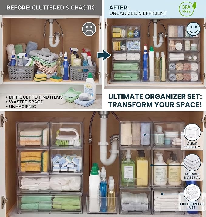 6-Pack Stackable Storage Drawers with Labels - Clear PET Pull-Out Organizer Bins for Pantry, Bathroom, Vanity, Cabinet, Countertop | Baby Bottle Organizer