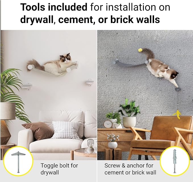 Wall Mounted Cat Hammock with Toy, Easy-to-insall Cat Wall Shelf with Soft Pad on This Premium Kitty Furniture, Modern Design. Easily Supports up to 40 lbs (Easy-Install, Dark Grey)