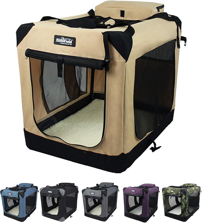 EliteField 3-Door Soft Dog Crate with Bed & Carrying Bag (2-Year Warranty) | 3 Mesh Doors, Steel Frame, Removable & Washable Crate Cover and Bed Cover, Storage Pockets, Indoor/Outdoor, Foldable