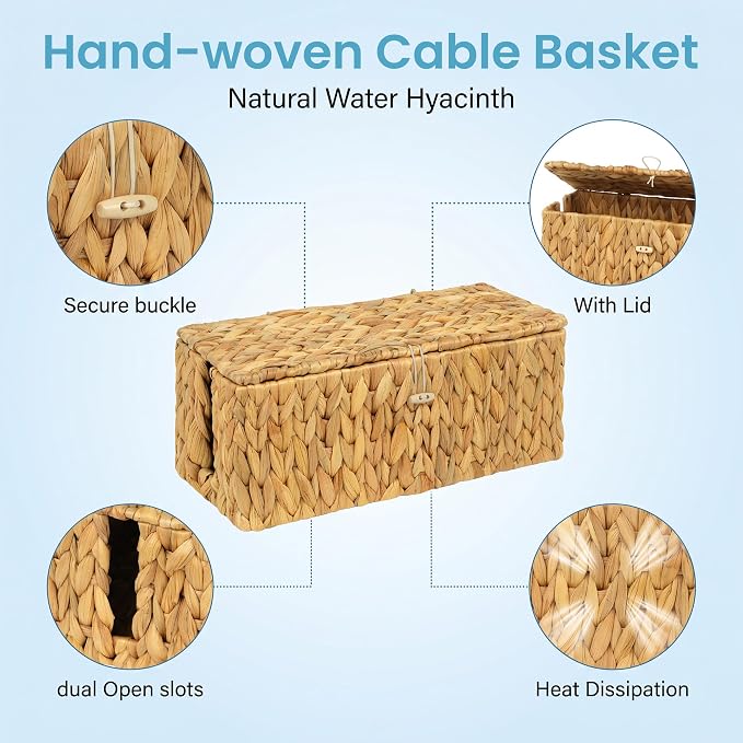 efluky 2 Pack Water Hyacinth Floor Cord Covers with Lid, Hand-woven Cable Management Box, 2 Open Slots Cord Box to to Hide USB Wire, Power Strip & Charger for Home & Office and Dorm, Natural