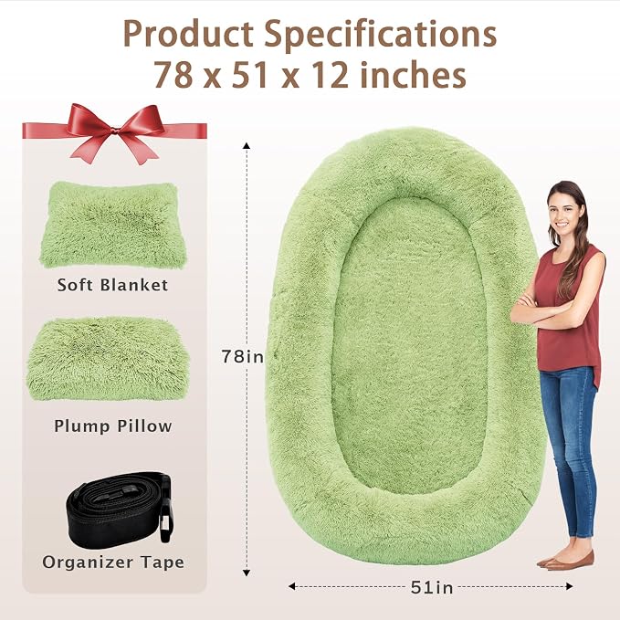ROOMTEC Human Dog Bed, 78''x51''x12'' Size Fits Adult and Pet Washable Giant People Bed 10 CM Thick Memory Foam Large Oversize Pet Bed with Plump Pillow, Blanket, Strap - Green