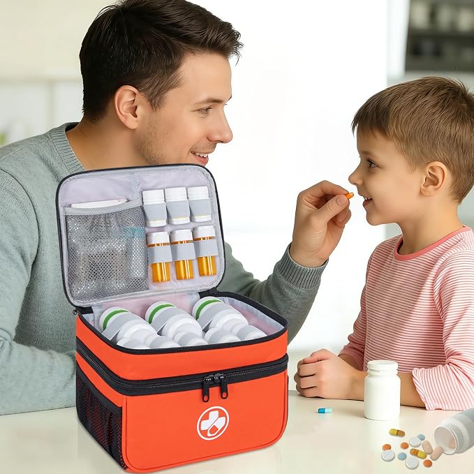 Dual Layers Medicine Organizer, Lockable Travel Pill Bag, Orange | Adjustable dividers for neat pill organization. Durable zippers & portable design suit daily use, travel or first aid kit